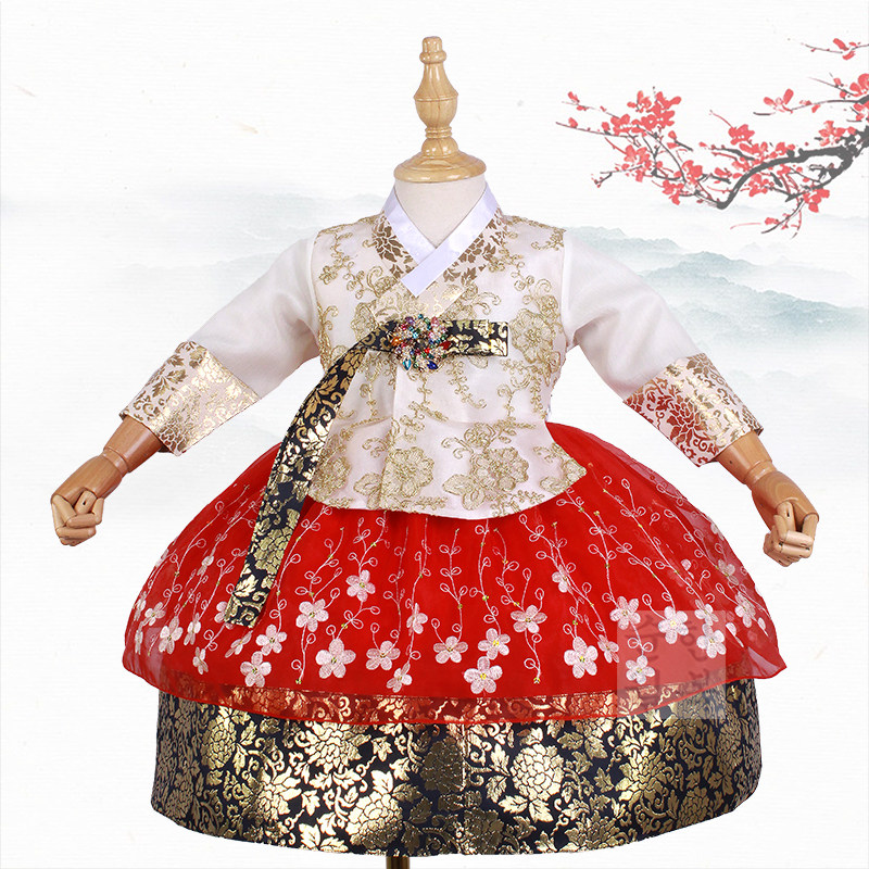 儿童改良白色韩服女童1周岁公主裙女孩红色烫金蓬蓬演出服装00099