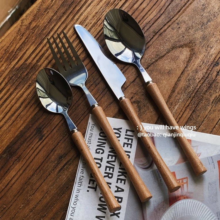 浅瑾秋秋榉木柄304西餐刀叉勺子