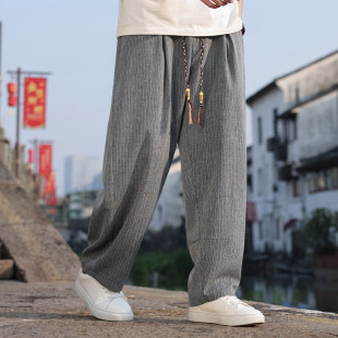 大码 2026春夏原创新款 宽松松紧腰绳条纹直筒长裤 休闲裤 中国风男装