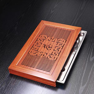 花梨木实木茶盘家用储水排水双用简约长方形茶盘抽屉式不锈钢托盘