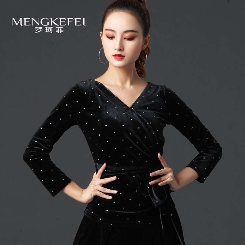 拉丁舞金丝绒长袖上衣女摩登舞蹈系带闪点交谊舞服装秋冬新款成人