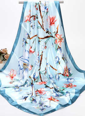 新款蝴蝶丝巾女士90X90大方巾对称花卉图案围巾秋冬韩式风大披肩