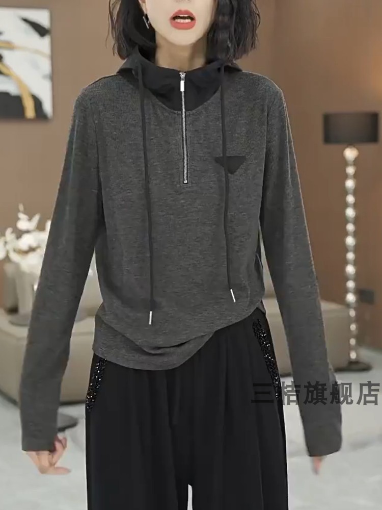 深灰色长袖拉链连帽卫衣女休闲百搭帽衫大码修身外搭套头打底衫dm