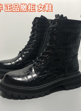 EBLAN伊伴撤柜断码真皮女鞋英伦风马丁靴女冬季系带短筒靴黑色潮