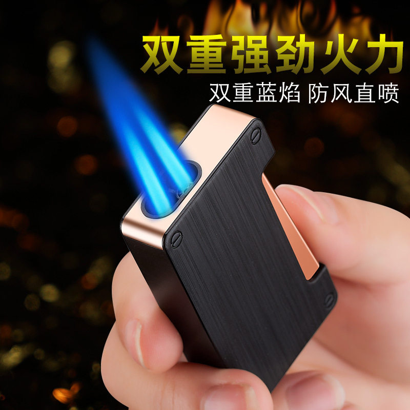 725聚火双直冲打火机创意浮雕精品充气防风测压双火金属刻字关公