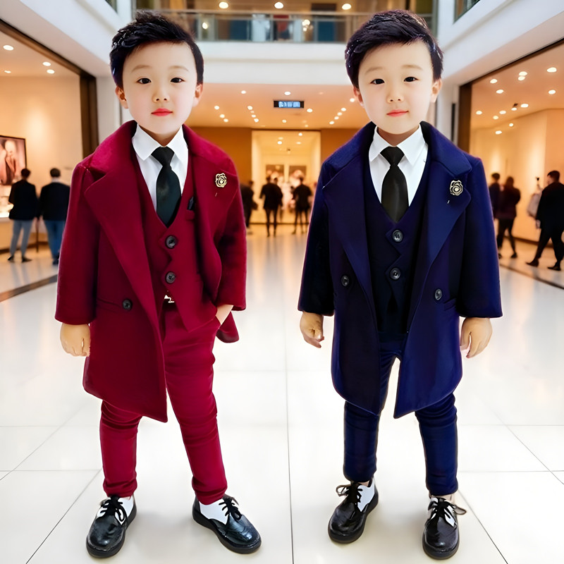 儿童呢子大衣外套秋冬季2025新款男童西装马甲套装中长款风衣加厚