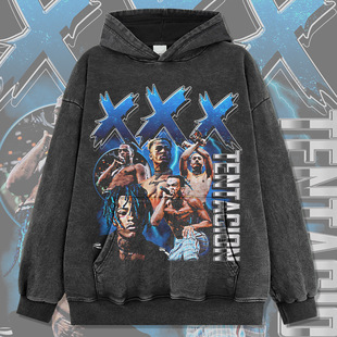 XXXTentacion嘻哈说唱美式街头潮牌复古印花做旧水洗重磅连帽卫衣