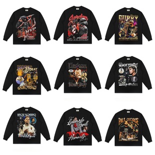 克拉克森库里科比哈登三球莫兰特美式球星T恤复古印花水洗长袖