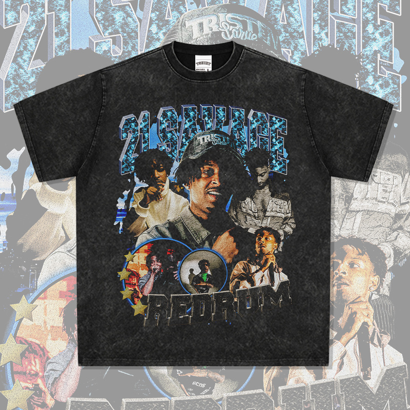 21Savage美式嘻哈复古水洗短袖