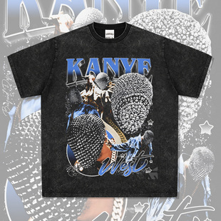 KanyeWest侃爷嘻哈说唱美式T恤街头潮牌复古印花做旧水洗宽松短袖