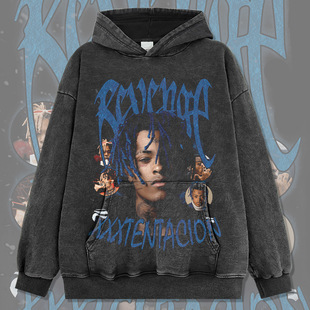 XXXTentacion嘻哈说唱美式街头潮牌复古印花做旧水洗重磅连帽卫衣