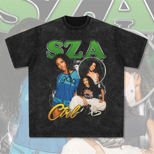 SZA R&B歌手美式T恤街头潮牌复古印花做旧水洗重磅纯棉圆领短袖