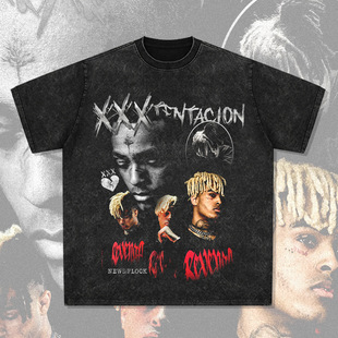 XXXTentacion嘻哈说唱美式短袖潮牌复古印花做旧水洗重磅纯棉长袖
