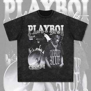 Playboi carti嘻哈说唱美式街头潮牌复古印花做旧水洗圆领短袖
