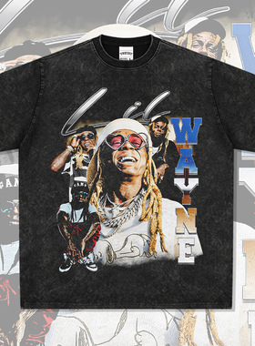 李尔·韦恩Lil Wayne嘻哈说唱美式T恤复古印花做旧水洗宽松短袖
