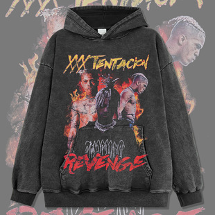 XXXTentacion嘻哈说唱美式街头潮牌复古印花做旧水洗重磅连帽卫衣