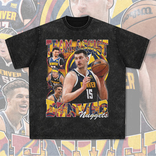 约基奇戈登穆雷美式球星街头嘻哈潮牌复古印花做旧水洗宽松短袖