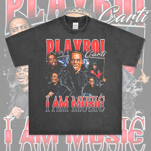 Playboi Carti玩少嘻哈说唱美式印花T恤街头复古做旧水洗宽松短袖