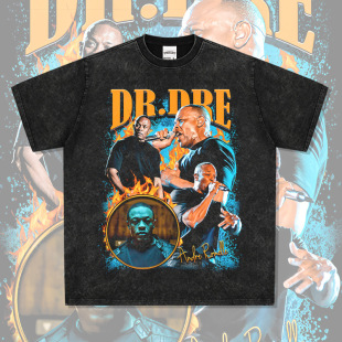 T恤街头嘻哈复古印花做旧水洗宽松纯棉短袖 Dr. Dre西海岸说唱美式