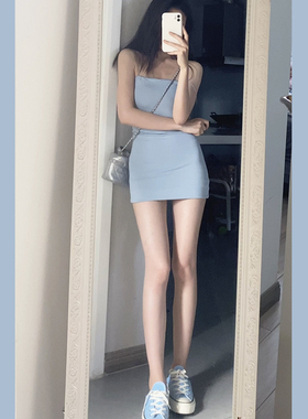 enen肯豆同款 显白灰蓝色纯欲吊带连衣裙女夏修身辣妹包臀短裙子