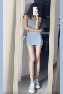 enen肯豆同款 显白灰蓝色纯欲吊带连衣裙女夏修身辣妹包臀短裙子