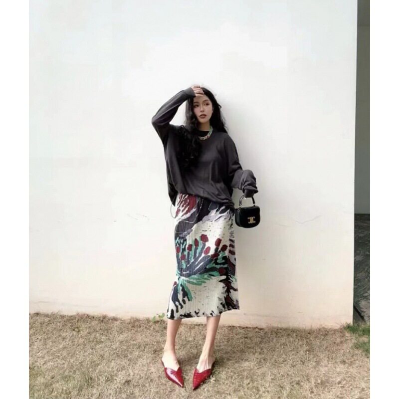 压褶高端褶皱半身裙女直筒裙气质显瘦屏开雀羽百褶中长裙