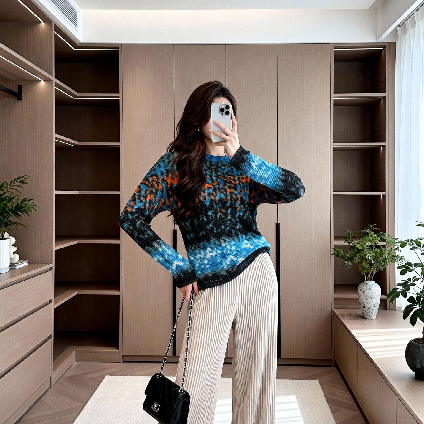 无针扣印花T恤褶皱蝙蝠长袖休闲百搭宽松显瘦上衣女厂家直供三宅