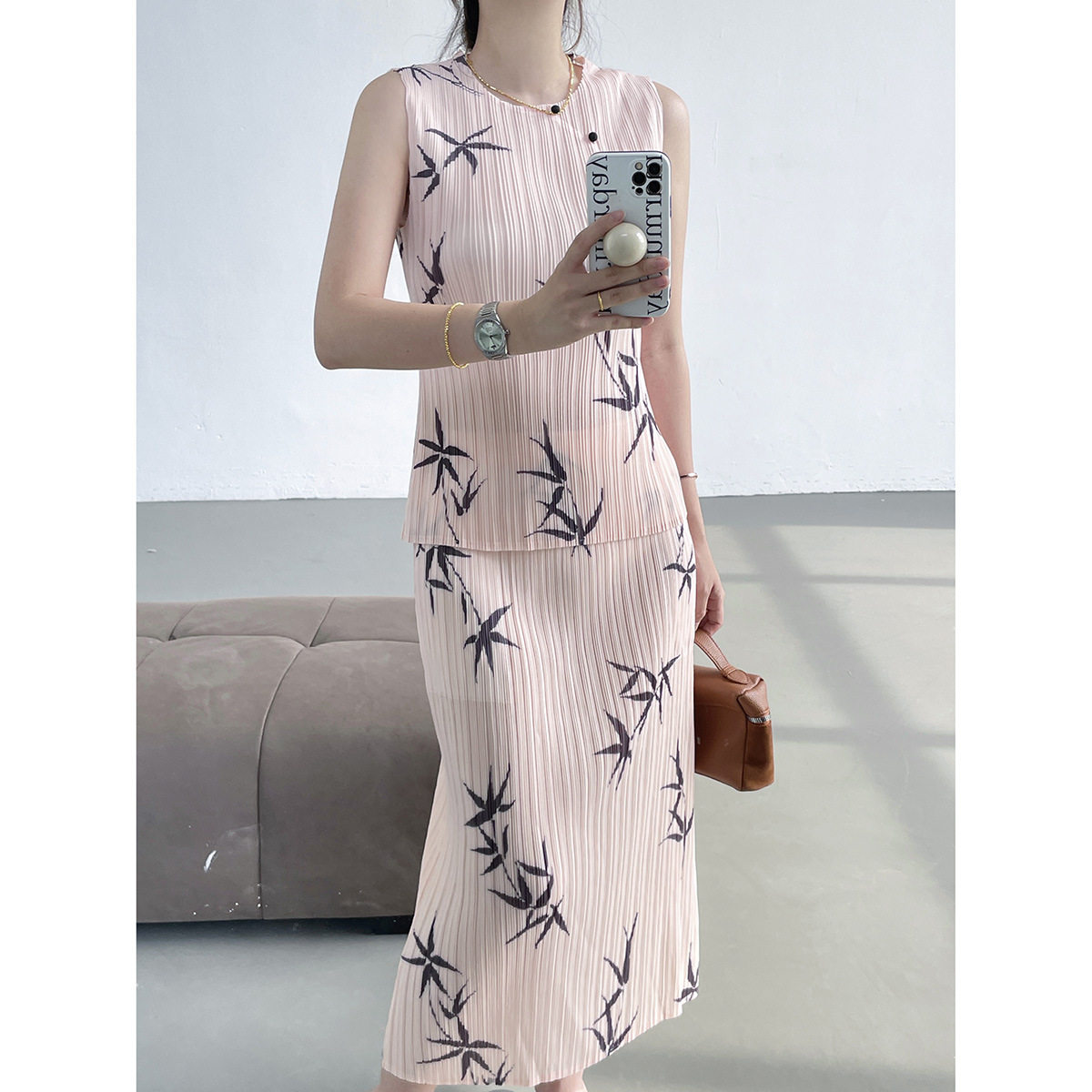 中式竹叶印花女衬衫半身裙套装