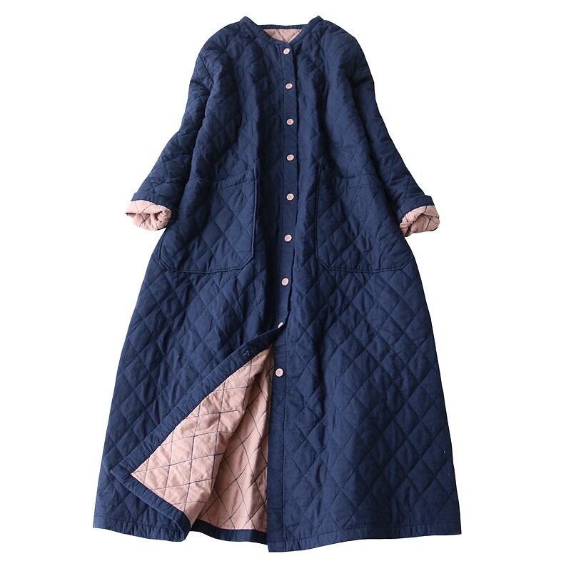 秋冬棉衣全棉绗缝菱格夹棉外套休闲保暖长款棉服宽松文艺棉袍子女
