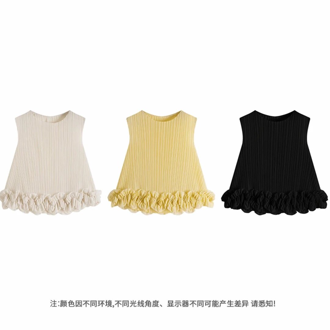 三宅褶皱垂坠的百褶肌理圆领无袖的利落剪裁显瘦短袖女式上衣T恤