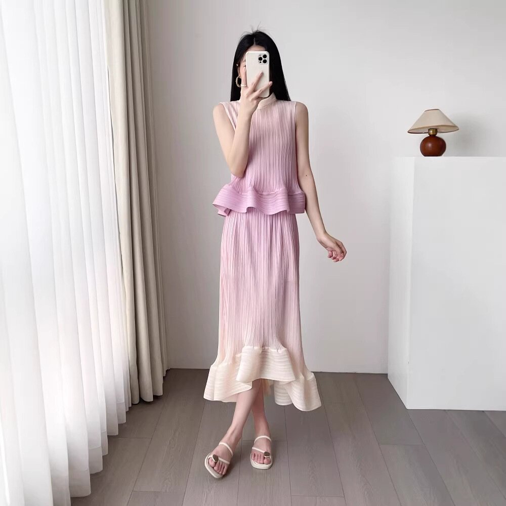 三宅褶皱渐变粉色无袖套装裙女荷叶边半身裙宽松显瘦甜美风两件套