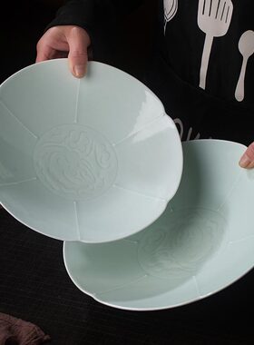 景德镇陶瓷盘子中式仿宋餐具家用菜盘宋青斗笠盘酒店会所意境餐具