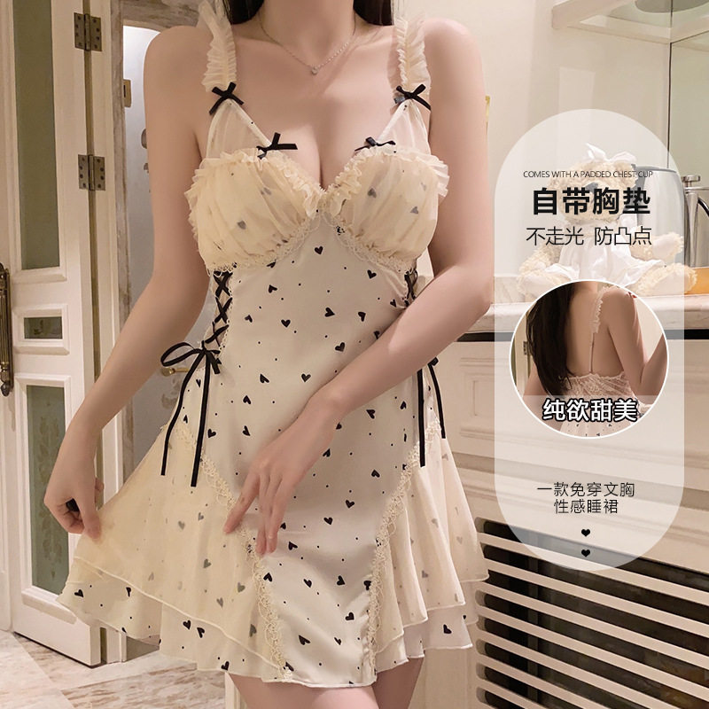甜美风吊带蕾丝爱心睡裙女自带胸垫系带性感睡衣家居服,女士内衣/男士内衣/家居服,睡袍/浴袍,淘宝优惠券,粉丝福利购,淘宝优惠卷