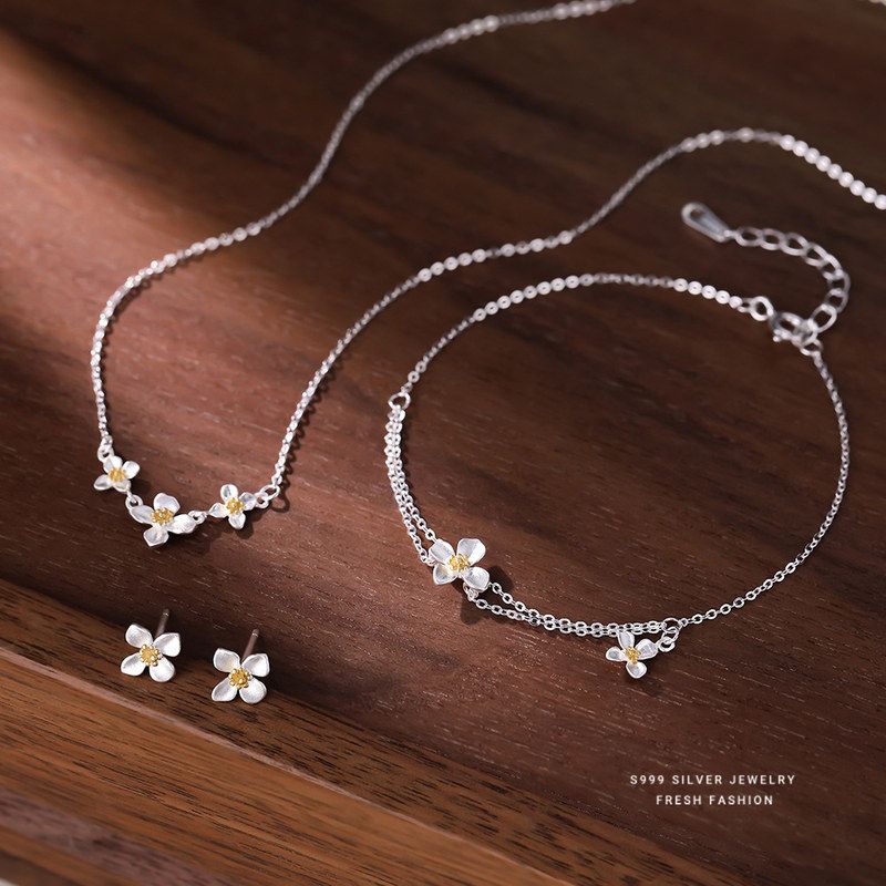 S999纯银栀子花项链女小众简约精致甜美小清新高级感叠戴手链套装