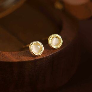 S925银莫比乌斯猫眼石耳钉女生轻奢新中式小露珠耳环精致高级感潮
