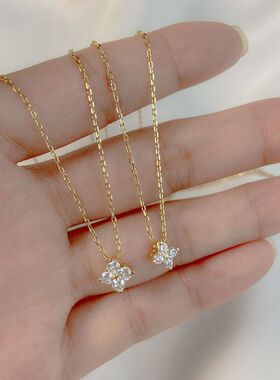 日系S925纯银镀14K金镶锆石项链女 闪钻小众轻奢百搭四叶草锁骨链