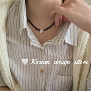 毛衣链女 韩版 fever同款 银饰品批发 S925纯银爱心黑玛瑙项链秋冬款