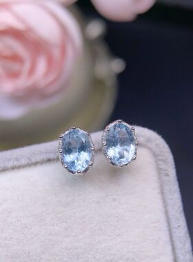 天然海蓝宝耳钉5*7mms925银镶嵌最新电镀工艺天然海蓝宝支持检测