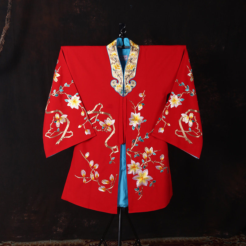 戏曲红色女披京剧花旦青衣演出戏服 祥龙软绉金枝玉兰花对披女帔