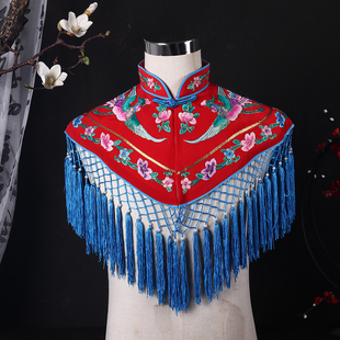 戏曲风红色刺绣云肩 京剧贵妃醉酒绣凤披肩女兵宫女武旦宫装云肩