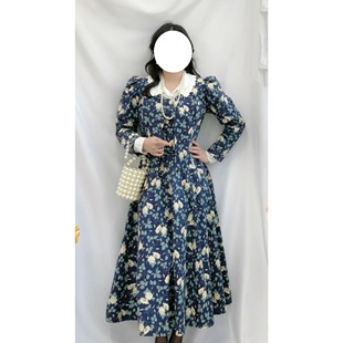 vintage古着森系复古laura ashley劳拉全棉蓝色碎花高腰大摆套裙