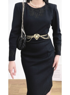 日产vintage古着经典昭和复古J&R羊毛黑色盘花刺绣修身中长连衣裙