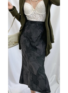 vintage古着港风复古深灰色牛仔图案撞色高腰修身设计中长半裙女