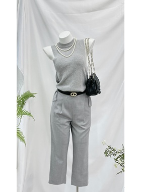 vintage古着简约干练灰色假两件针织修身无袖连体裤女