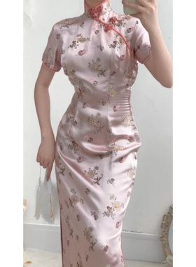 新中式改良粉色织锦提花盘扣侧开叉修身vintage古着孤品旗袍女夏