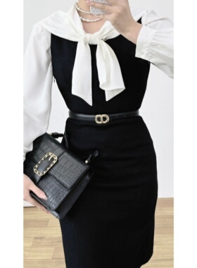 日产vintage古着昭和复古J&R羊毛混纺黑色立体剪裁收腰修身连衣裙