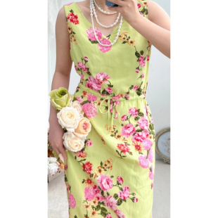 意大利产轻熟优雅绿色全真丝碎花V领抽绳vintage古着孤品连衣裙女