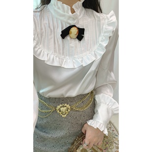 vintage古着法式复古珠光白色宫廷领木耳边可拆卸卡梅奥胸针衬衫