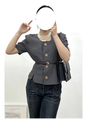 日产昭和复古深灰色立裁方领镂空花朵扣vintage古着孤品西装外套