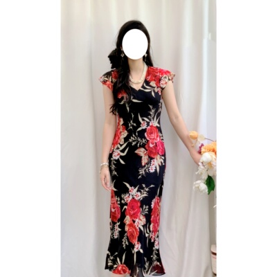 古着优雅性感斜裁小飞袖连衣裙女